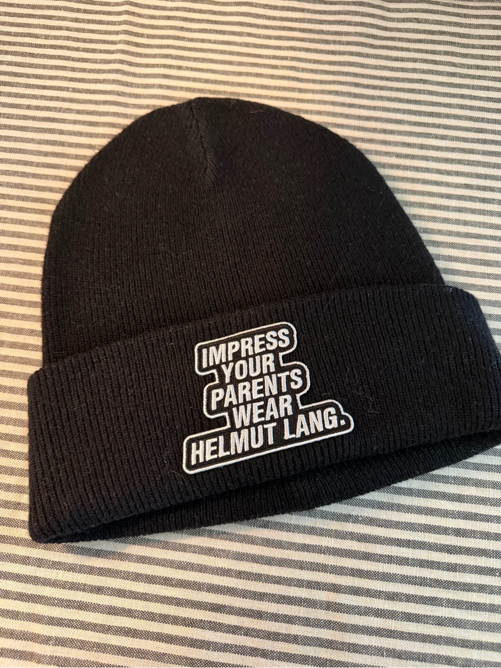 Helmut Lang Black Beanie with White Embroidered Patch